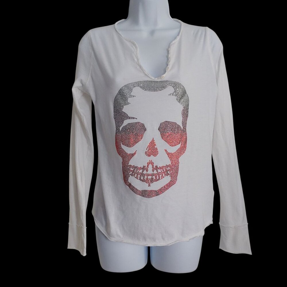 Zadig & Voltaire Long Sleeve Henley Shirt Crystal Skull Graphic Blingy S